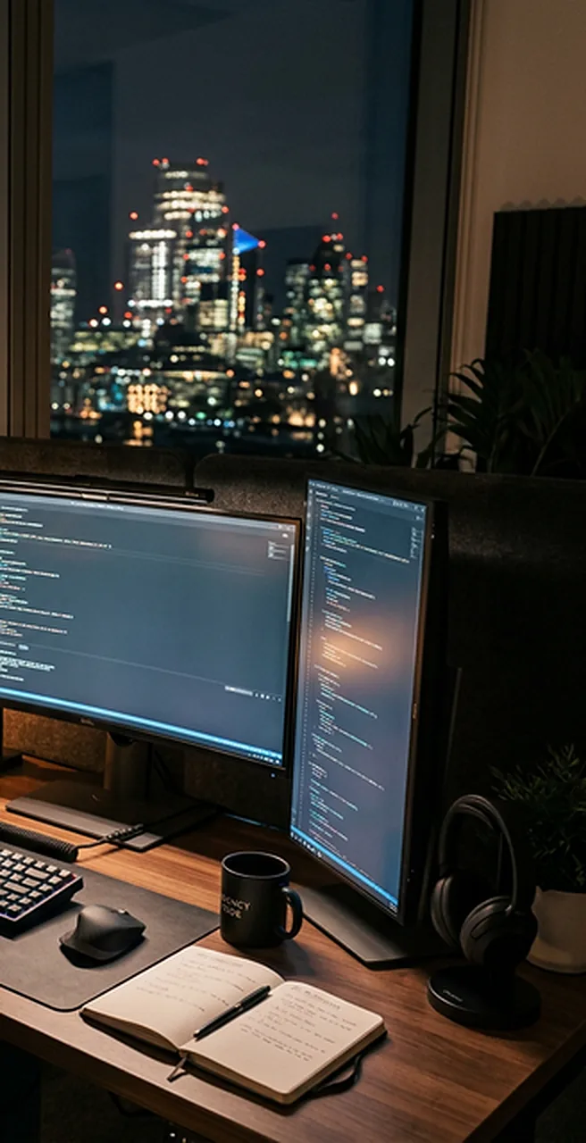 Developer workspace at night with code on two monitors