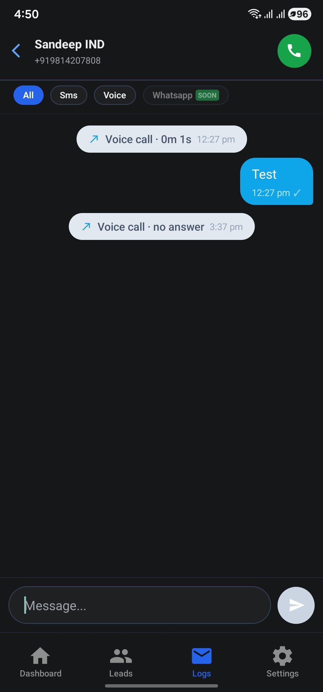 SMS and call conversation thread