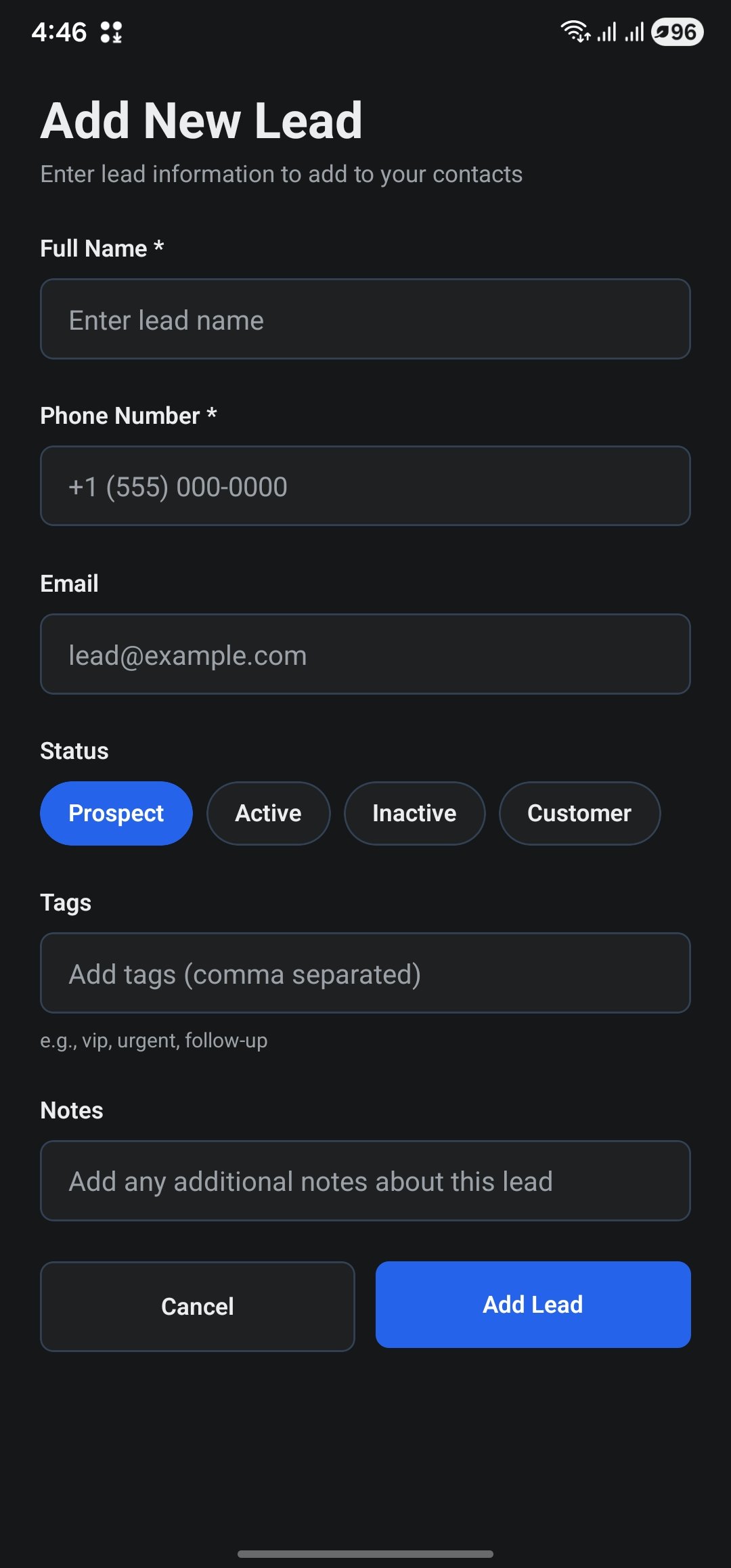 Add new lead form