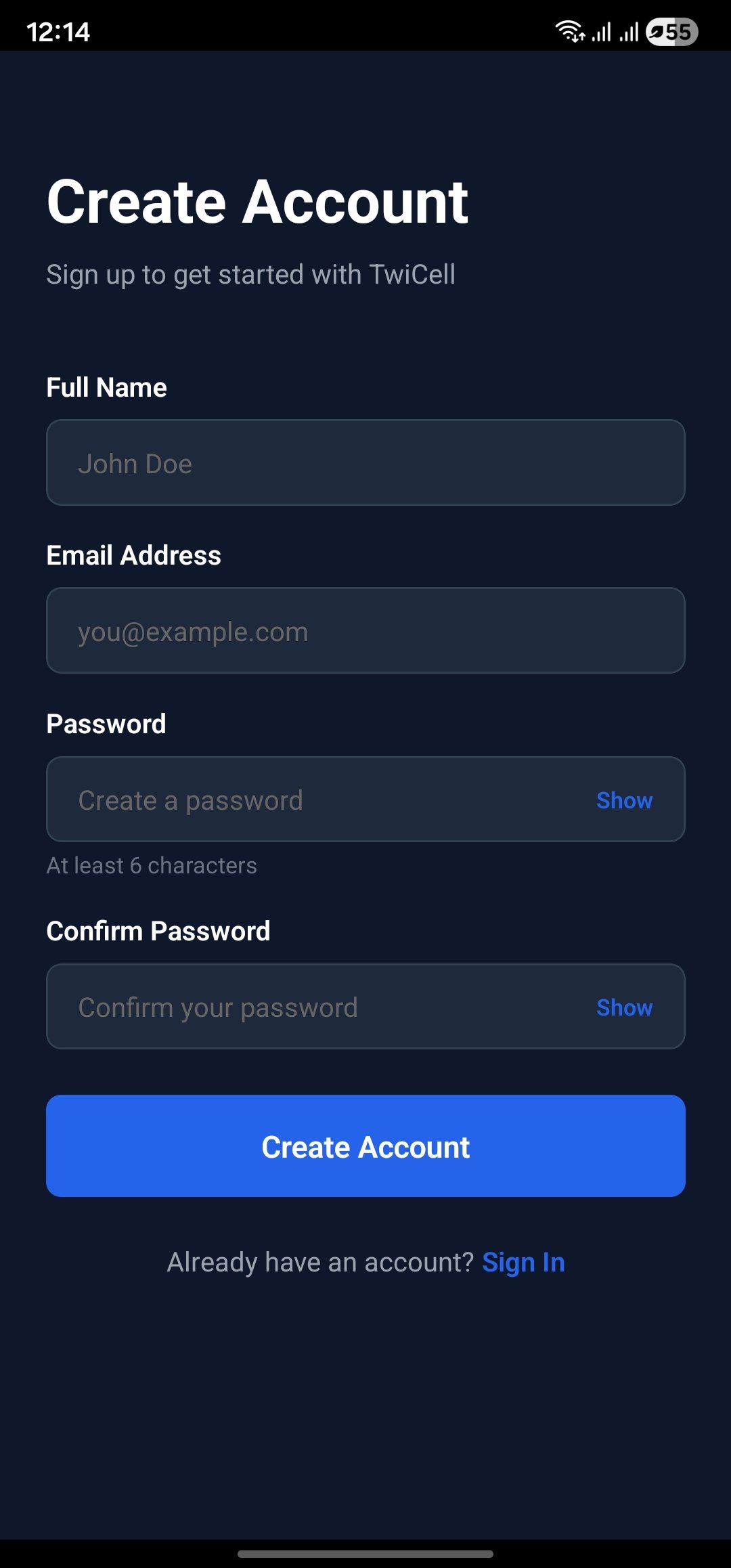 Create account screen